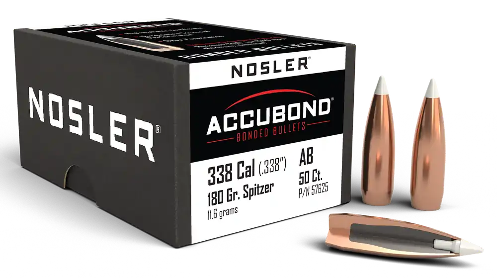 Nosler AccuBond .338 Cal 180gr Spitzer Boat Tail Bonded Hunting Bullets 50/Box 57625