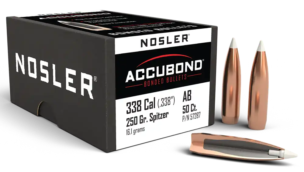 Nosler AccuBond .338 Cal 250gr Spitzer Point Bonded-Core Reloading Bullets 50/Box 57287