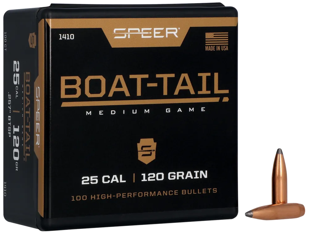 Speer Ammo Boat-Tail .25 Caliber .257" 120 Grain Spitzer Soft Point Rifle Bullets, 100 Count 1410