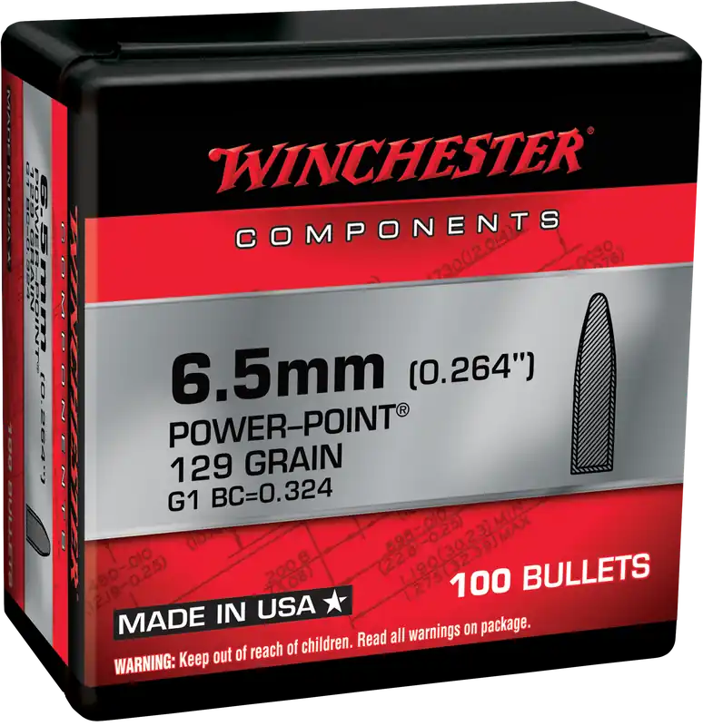 Winchester Ammo Power-Point 6.5mm (.264) 129 Grain Soft Point Reloading Bullets 100ct WB65PP129X