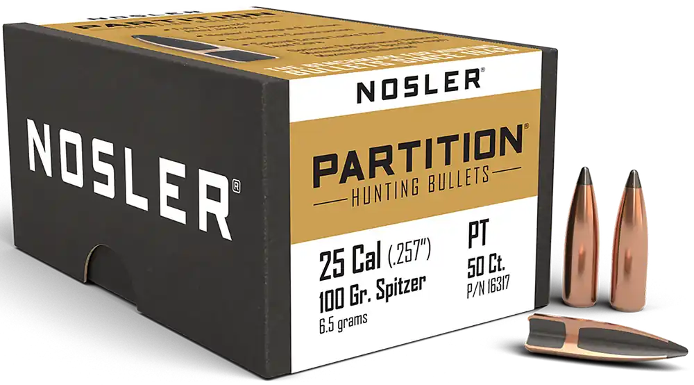 Nosler Partition .25 Cal 100gr Flat Base Spitzer Point Reloading Bullets, 50 Count 16317