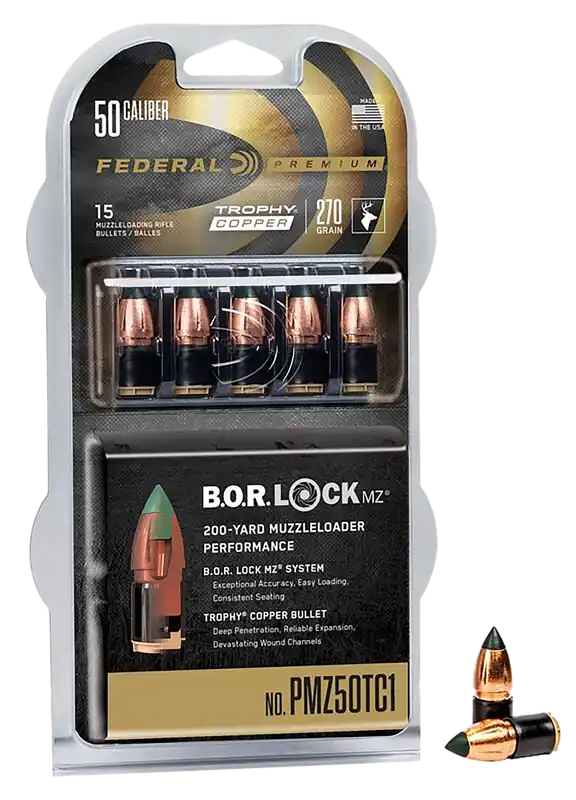 Federal Trophy Copper .50 Cal 270 Grain Muzzleloader Bullets w/ B.O.R. Lock MZ System, PMZ50TC1