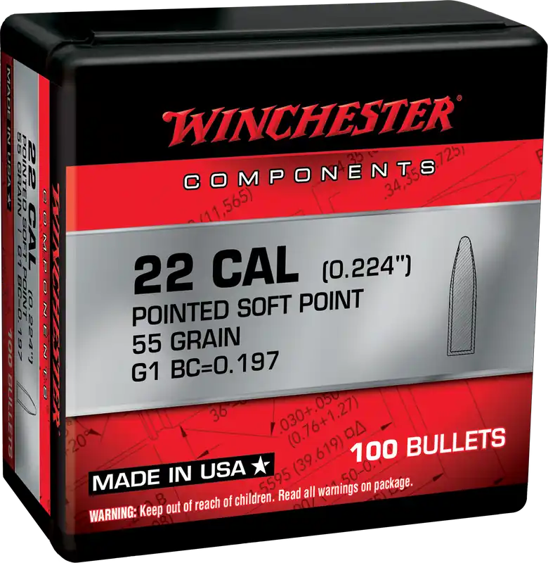 Winchester Ammo .223 Rem 55gr Pointed Soft Point .224 Reloading Bullets, 100 Count WB223SP55X