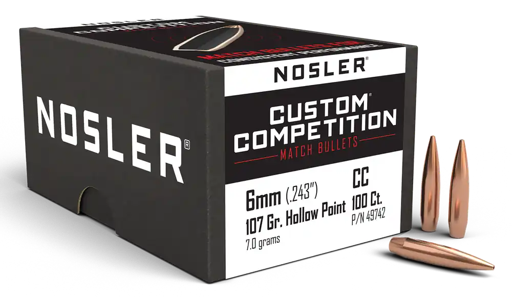 Nosler Custom Competition 6mm 107 Grain Hollow Point Boat Tail Match Bullets, 100/Box 49742