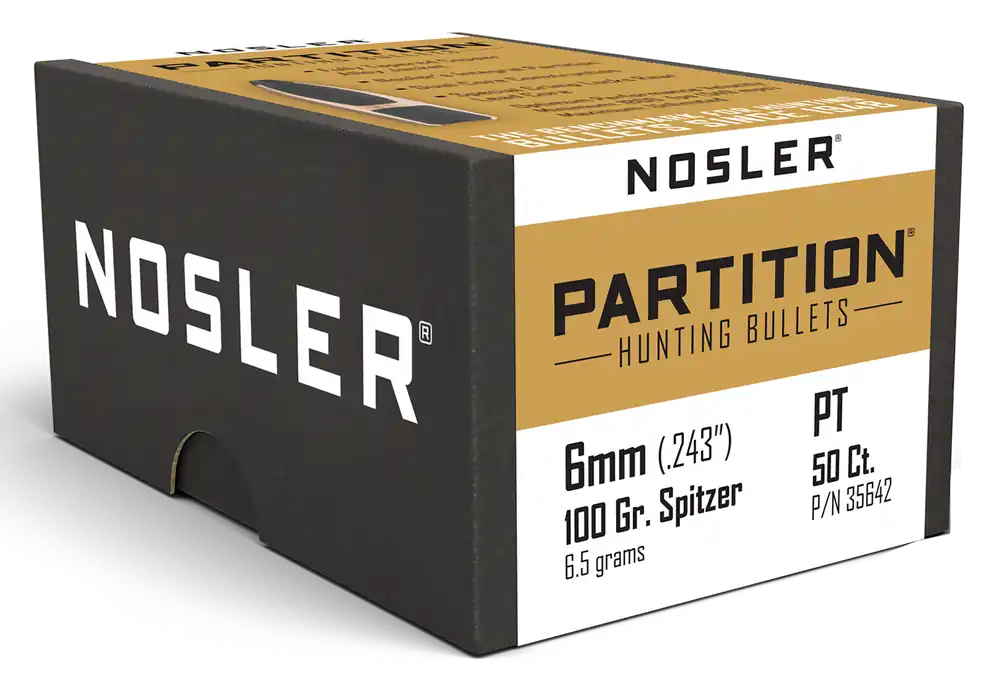 Nosler Partition 6mm 100gr Spitzer Hunting Rifle Bullets, Dual-Core Design, 50/Box 35642