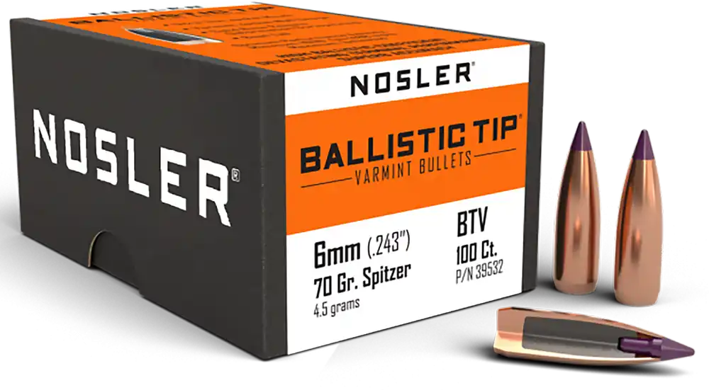 Nosler Ballistic Tip Varmint Bullets 6mm 70gr Spitzer Point Polymer Tip 100/Box 39532