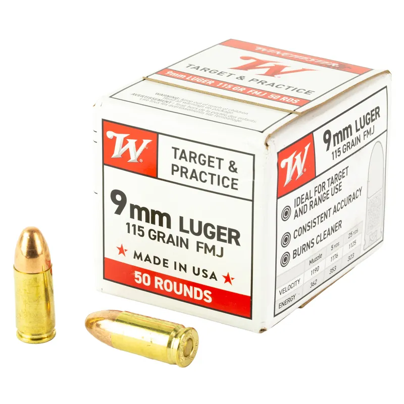 Winchester Ammunition USA White Box 9mm Luger 115gr FMJ Target & Practice Ammo, 50 Rounds W9MM50