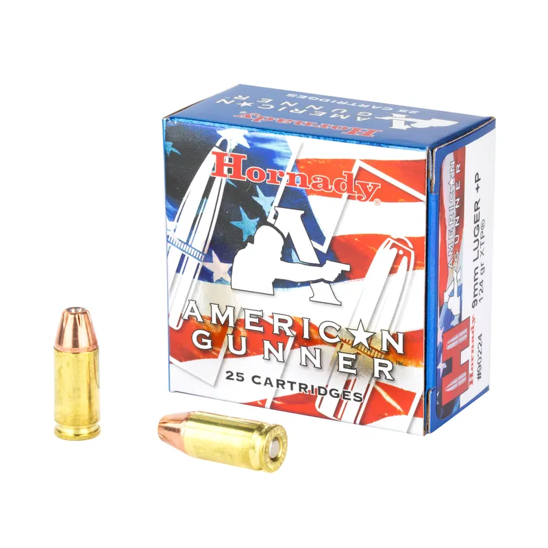 Hornady American Gunner 9mm Luger +P 124gr XTP Jacketed Hollow Point Ammo, 25/Box 90224