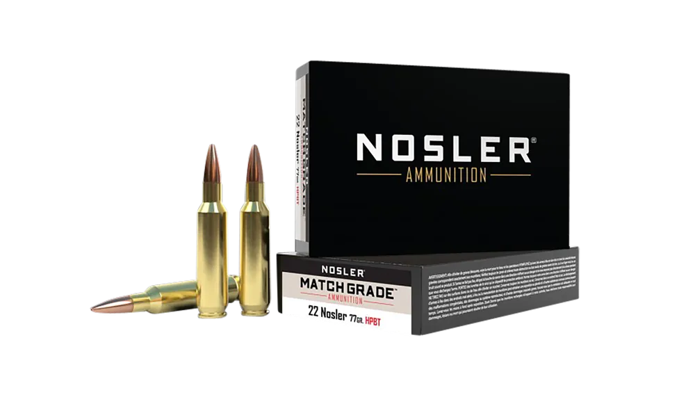 Nosler Match Grade .22 Nosler 77gr Boat Tail Hollow Point Ammo, 20-Round Box 60016