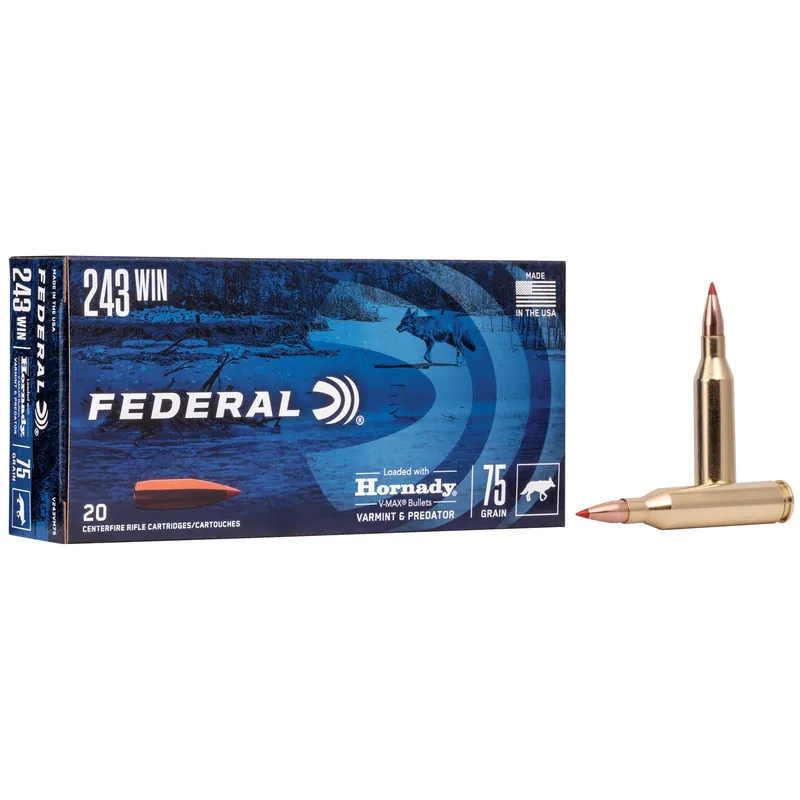 Federal Varmint & Predator .243 Winchester 75 Grain Hornady V-Max Polymer Tip Rifle Ammo 20rd V243VM75