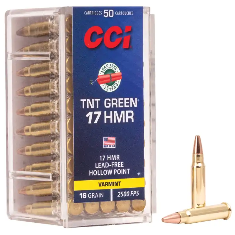 CCI Ammunition TNT Green Varmint Rimfire Ammo .17 HMR 16gr Lead-Free Hollow Point 951