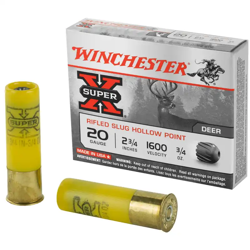 Winchester Super-X 20 Gauge Rifled Slug Hollow Point Shotshells, 2.75in 3/4oz 1600fps 5rd X20RSM5
