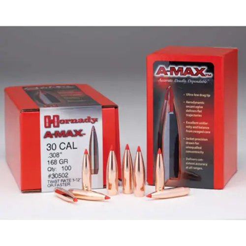 Hornady A-MAX 30 Caliber .308 168 Grain Match Bullets, Polymer Tip Boat Tail, 100-Count – HOR30502