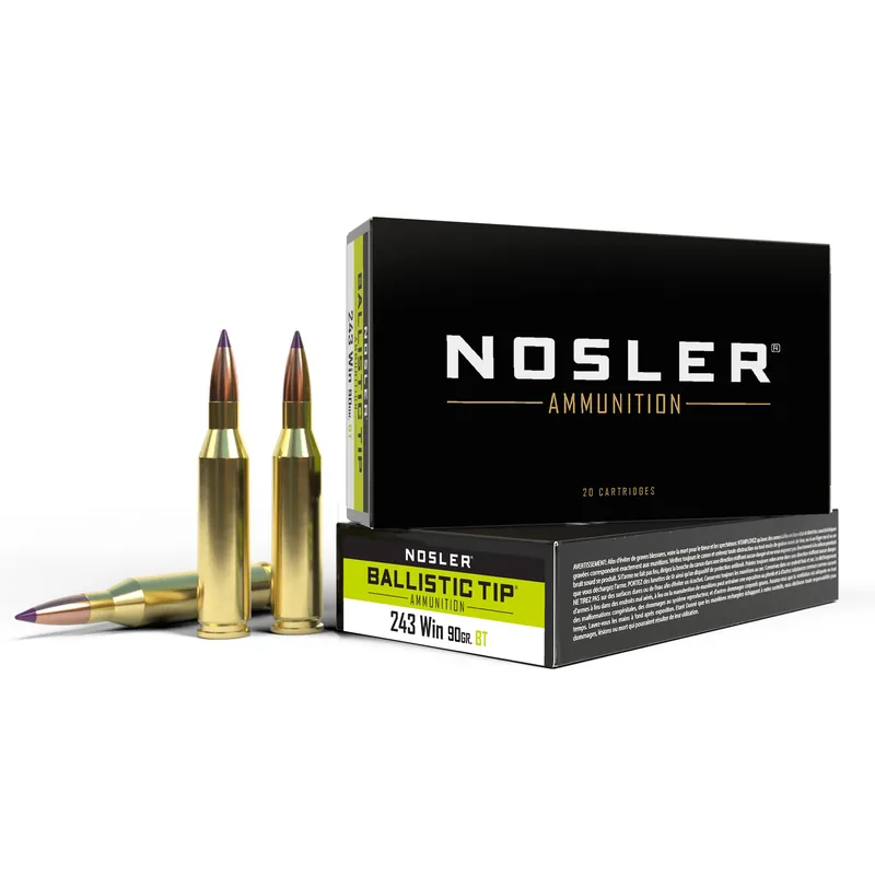 Nosler Ballistic Tip Hunting .243 Winchester 90gr Boat-Tail Spitzer Rifle Ammo, 20rd 40050