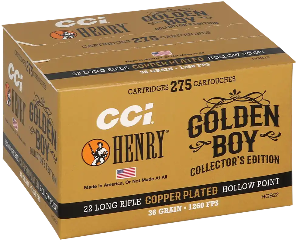 CCI Henry Golden Boy Collector’s Edition .22 Long Rifle 36gr Copper-Plated HP Ammo (275ct) HGB22
