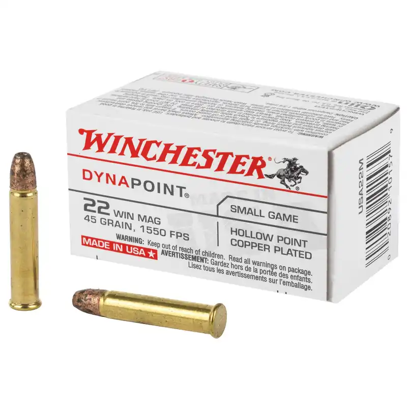 Winchester USA White Box .22 WMR Dynapoint 45gr Copper Plated HP Rimfire Ammo, 50rd USA22M