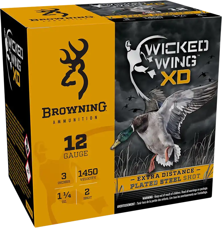 Browning Ammo Wicked Wing XD Extra Distance 12 Gauge 3in 1 1/4oz 2 Plated Steel Shot B193411232