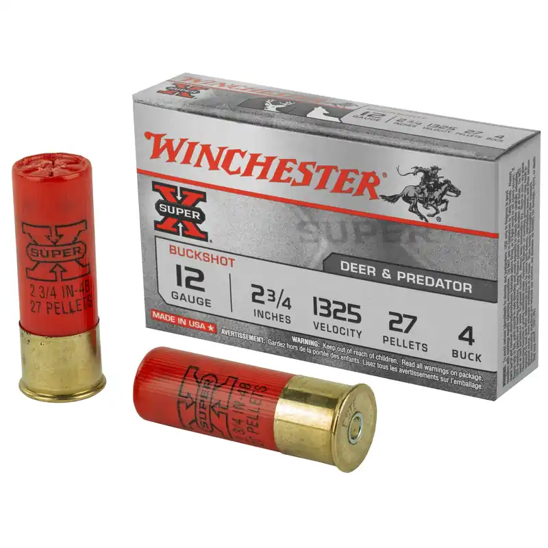 Winchester Super-X 12 Gauge 2-3/4in 4 Buckshot Shotshells, 27 Pellets, 5rd Box XB124