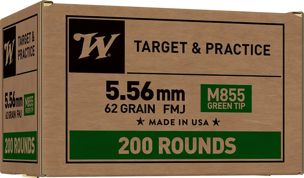 Winchester USA M855 Green Tip 5.56x45mm NATO 62gr FMJ Rifle Ammo 200-Round Box WM855200