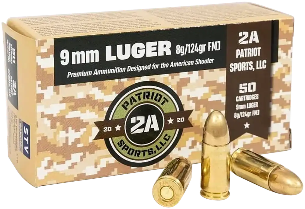 Patriot Sports LLC 9mm Luger 124gr FMJ Brass Case Boxer Primer Ammo, 50 Rounds P9MM124F
