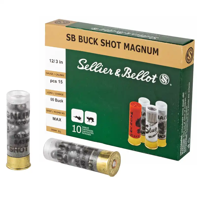 Sellier & Bellot 12 Gauge 3in 00 Buckshot 15-Pellet Shotshell Ammo, 10rd Box SB12BSA