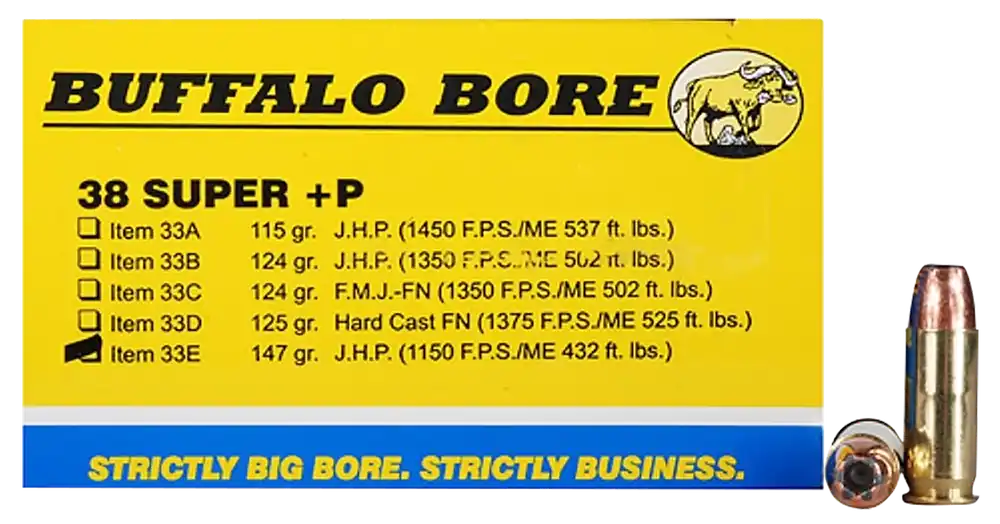 Buffalo Bore Ammunition .38 Super +P 147 Grain Jacketed Hollow Point Personal Defense Ammo 33E20