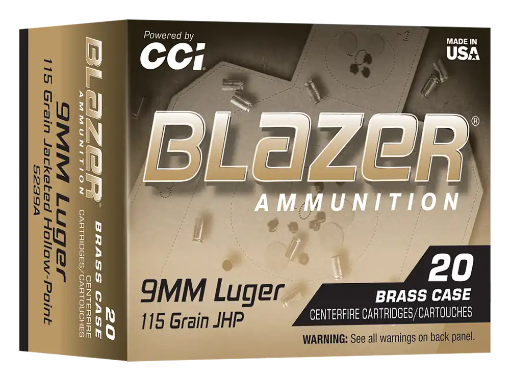 CCI Blazer Brass 9mm Luger 115 Grain Jacketed Hollow Point Ammo 20-Round Box 5239A