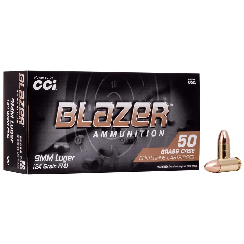 Blazer Ammunition Blazer Brass 9mm Luger 124 Grain Full Metal Jacket, 50-Round Box 5201