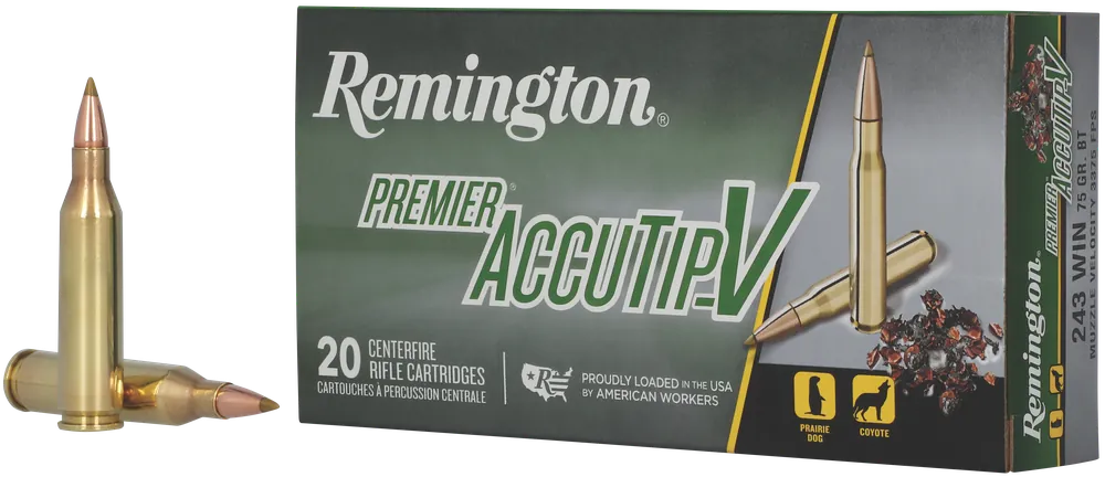 Remington Premier AccuTip-V .243 Winchester 75gr Polymer Tip Boat Tail Rifle Ammo, 20/Box 29194