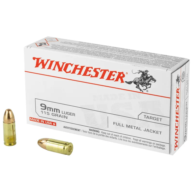 Winchester USA White Box 9mm Luger 115 Grain FMJ Range Ammo, 50 Rounds per Box Q4172
