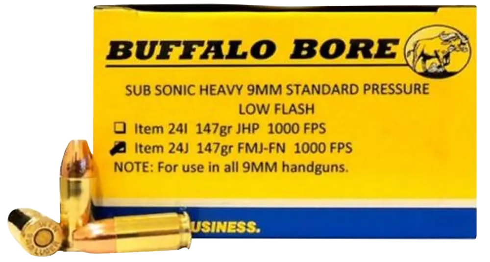 Buffalo Bore Subsonic Strictly Business 9mm Luger 147gr FMJ Flat Nose Ammo, 20rd Box (12/cs) 24J20
