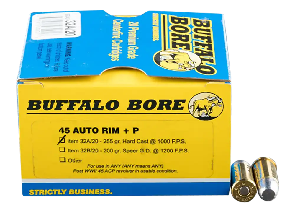 Buffalo Bore Ammunition .45 Auto Rim +P 255 Grain Hard Cast Flat Nose Ammo 20-Round Box 32A20