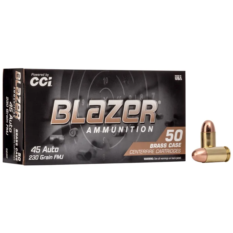 Blazer Brass .45 ACP 230gr FMJ Handgun Ammo, Reloadable Brass Cases, 50 Rounds - 5230