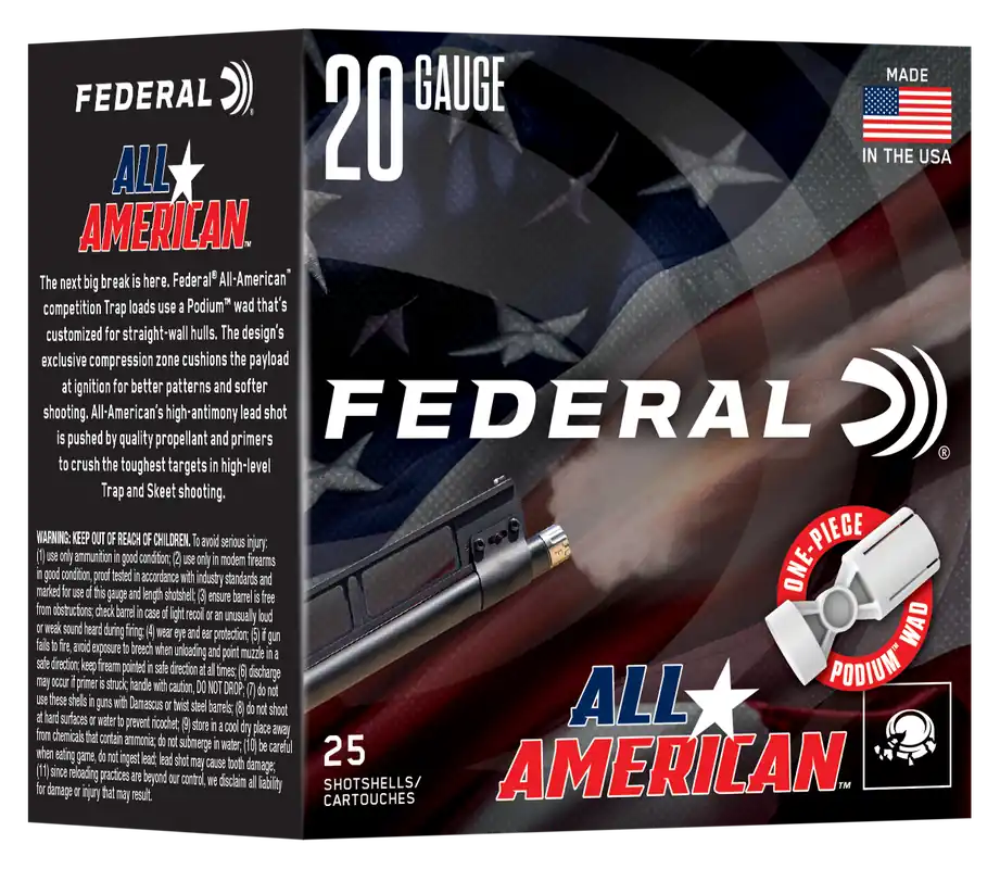 Federal All American 20 Gauge 2 3/4" 8 Shot 7/8 oz Trap Loads 25/Box FAA208