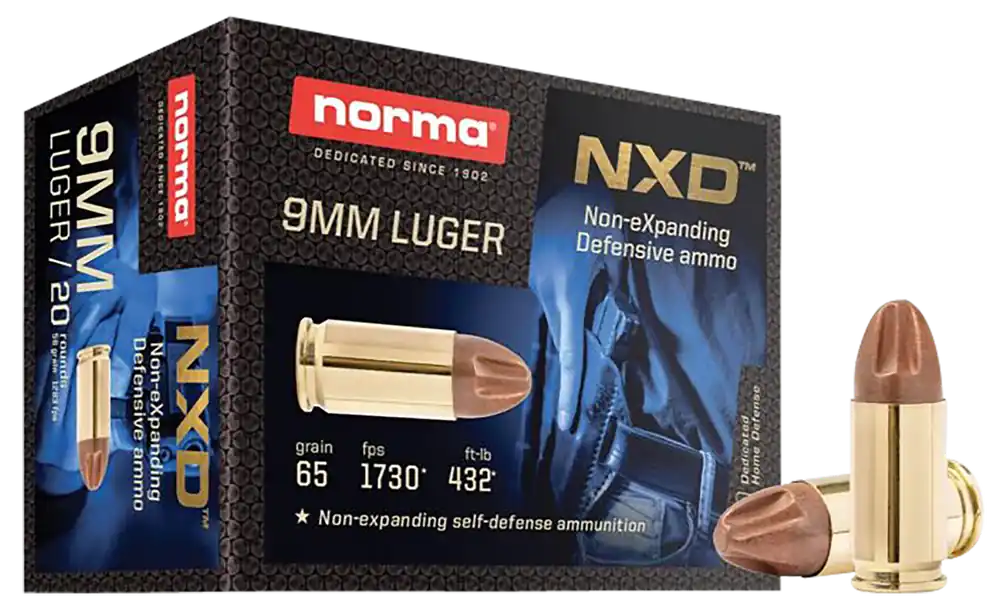 Norma Ammunition NXD 9mm Luger 65gr Non-Expanding Defensive Ammo, 20 Rounds 611140020