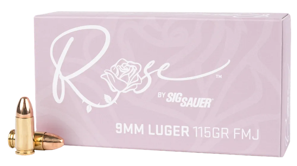 Sig Sauer ROSE 9mm Luger 115gr FMJ Brass Case Handgun Ammo, 50 Rounds/Box (20/Case) E9MMB1ROSE50