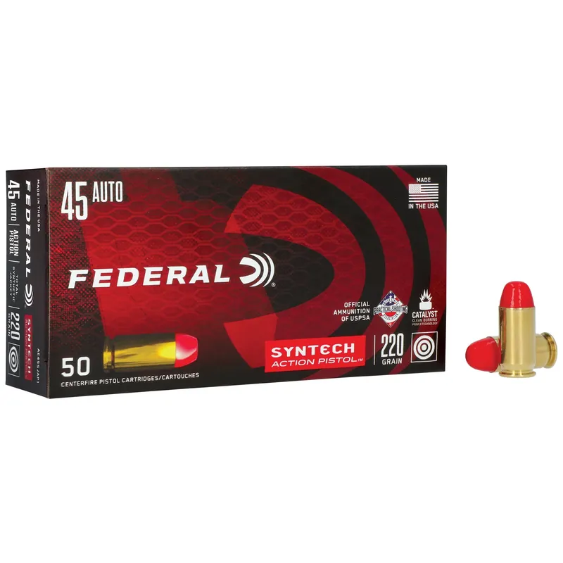 Federal Syntech Action Pistol .45 ACP 220gr Total Synthetic Jacket Flat Nose Ammo 50/Box 500/Case AE45SJAP1