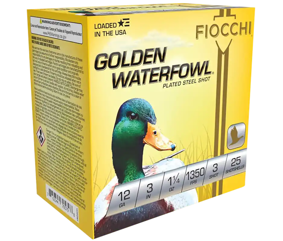 Fiocchi Golden Waterfowl 12 Gauge 3-Inch Plated Steel Shotshells, 1-1/4 oz 3, 123SGW3
