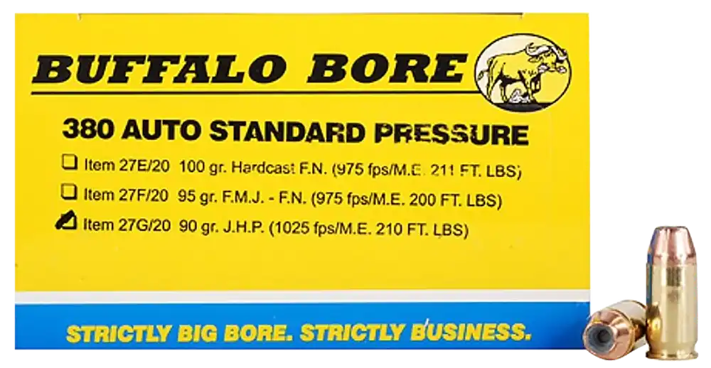 Buffalo Bore Standard Pressure .380 ACP 90gr JHP Self-Defense Ammo, 20 Rounds 27G20
