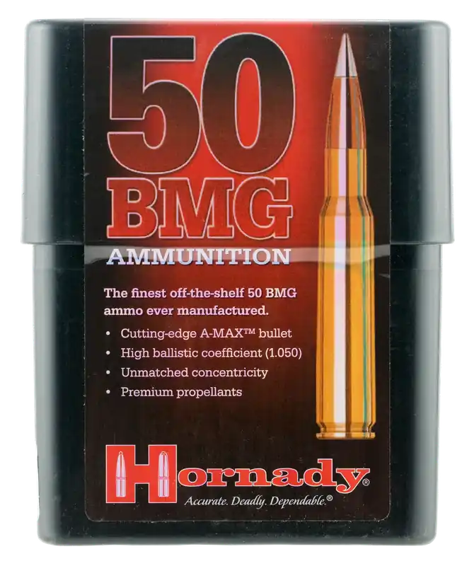 Hornady Match .50 BMG 750gr A-MAX Precision Long-Range Ammo, Brass Case, 10-Round Box 8270
