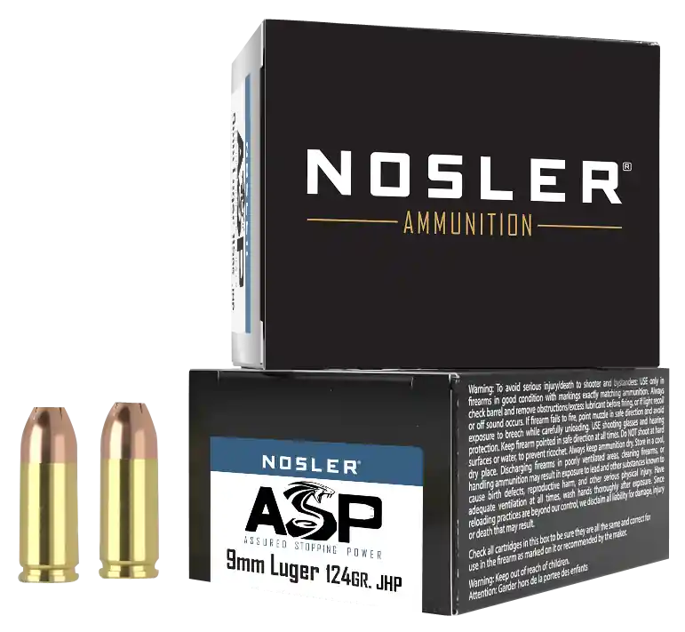 Nosler ASP 9mm Luger 124gr Jacketed Hollow Point Defensive Handgun Ammo, 20-Round Box 51286