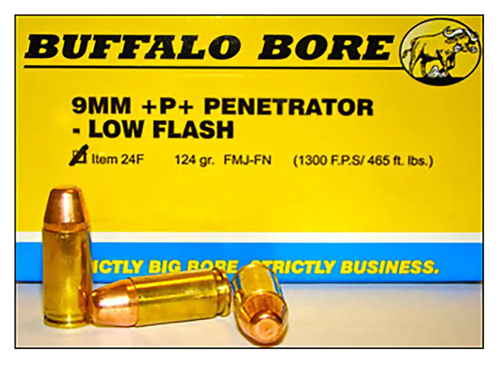 Buffalo Bore Penetrator 9mm Luger +P+ 124gr FMJ Flat Nose Low-Flash Ammo, 20rd Box 24F20