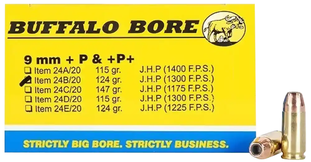 Buffalo Bore Personal Defense Strictly Business 9mm Luger +P+ 124gr JHP Ammo, 20-Round Box 24B20