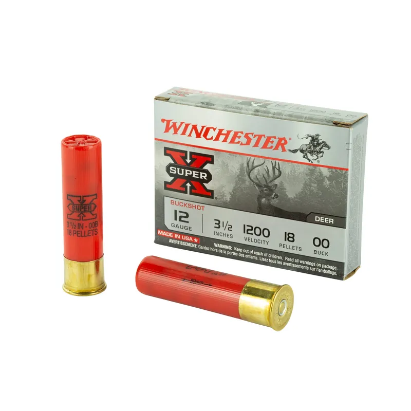 Winchester Super-X 12 Gauge 3-1/2" 00 Buckshot Shotshells, 18 Pellets, 5-Round Box XB12L00