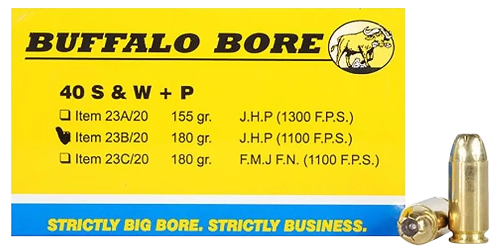 Buffalo Bore Ammunition Heavy Strictly Business .40 S&W +P 180gr JHP Ammo 20/Box, 12/Case 23B20