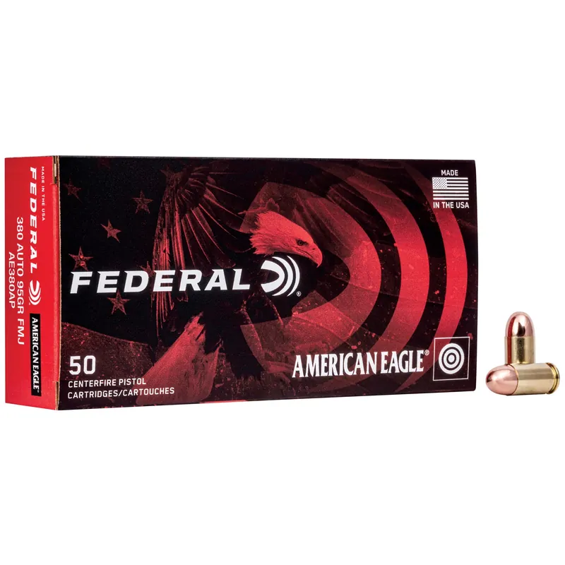 Federal American Eagle .380 Auto 95 Grain Full Metal Jacket Handgun Ammo, 50 Rounds AE380AP