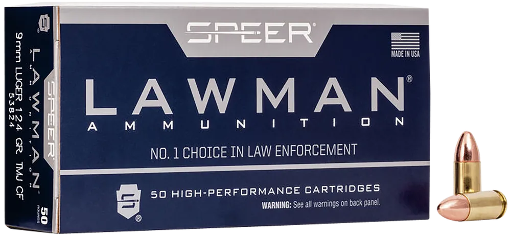 Speer Lawman Clean-Fire 9mm Luger 124gr Total Metal Jacket Training Ammo, 50/Box 53824