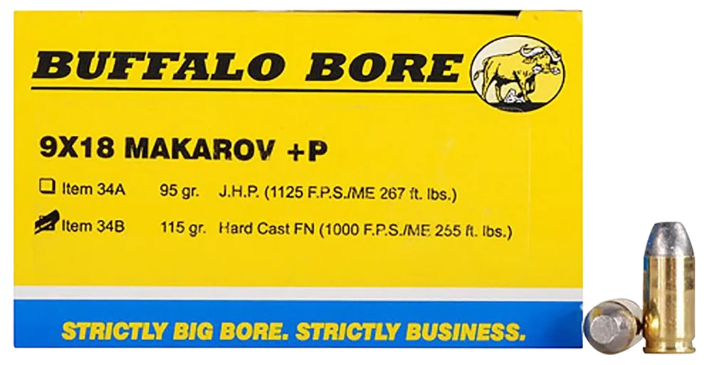 Buffalo Bore Personal Defense 9x18mm Makarov +P 115gr Hard Cast Flat Nose Ammo, 20rd 34B20