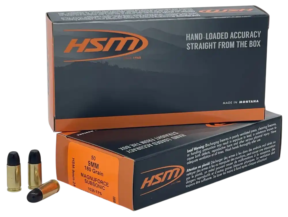 HSM 9mm Luger Subsonic 180gr Hard Cast Flat Nose Ammo, 50 Rounds per Box, 9MM24N
