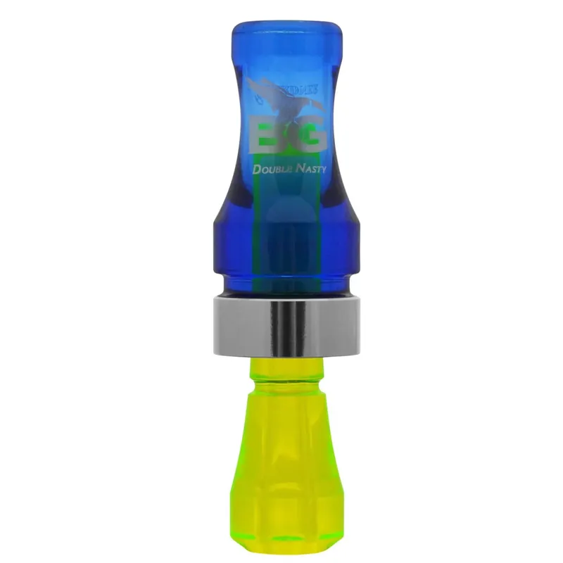 Blue and Florescent Green Double Nasty Poly Double Reed Duck Call by Buck Gardner